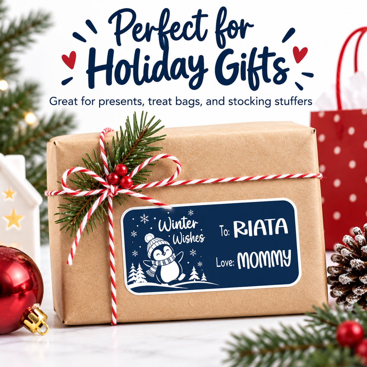Personalized Winter Wishes Penguin Christmas gift tag sticker with a penguin and falling snowflakes
