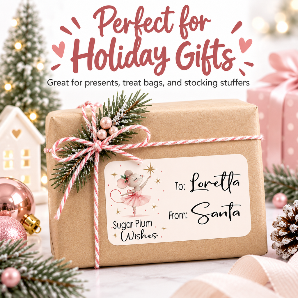 Sugar Plum Christmas gift label with To and From lines set into a soft pink ballerina design