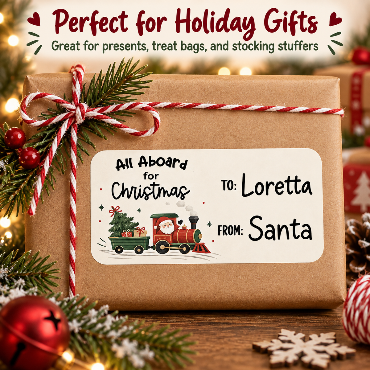 Personalized Santa Train Christmas gift tag stickers for labeling wrapped presents and gift bags