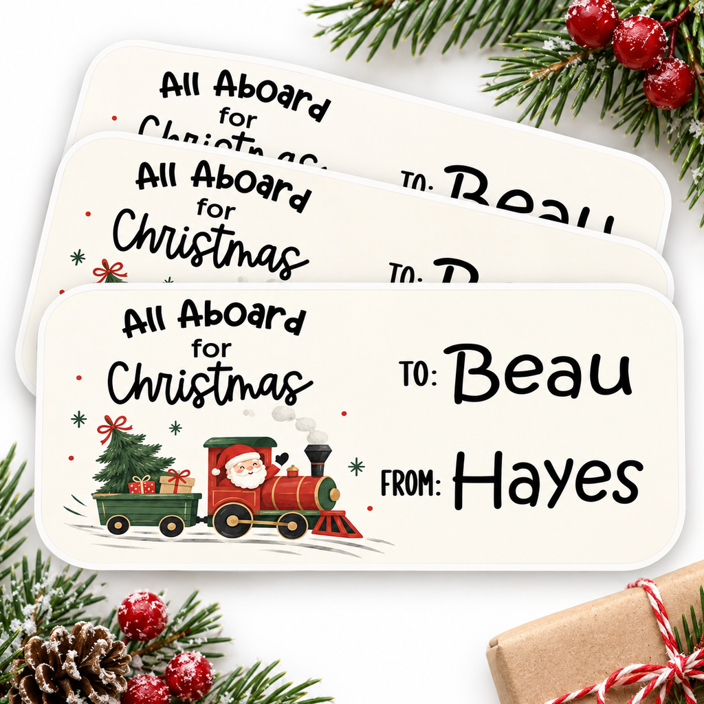 Red and green Santa train Christmas gift tag stickers for stocking stuffers and holiday treat bags