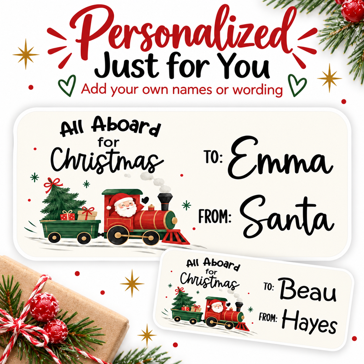 Santa Train Christmas gift tag sticker featuring Santa driving a red and green train