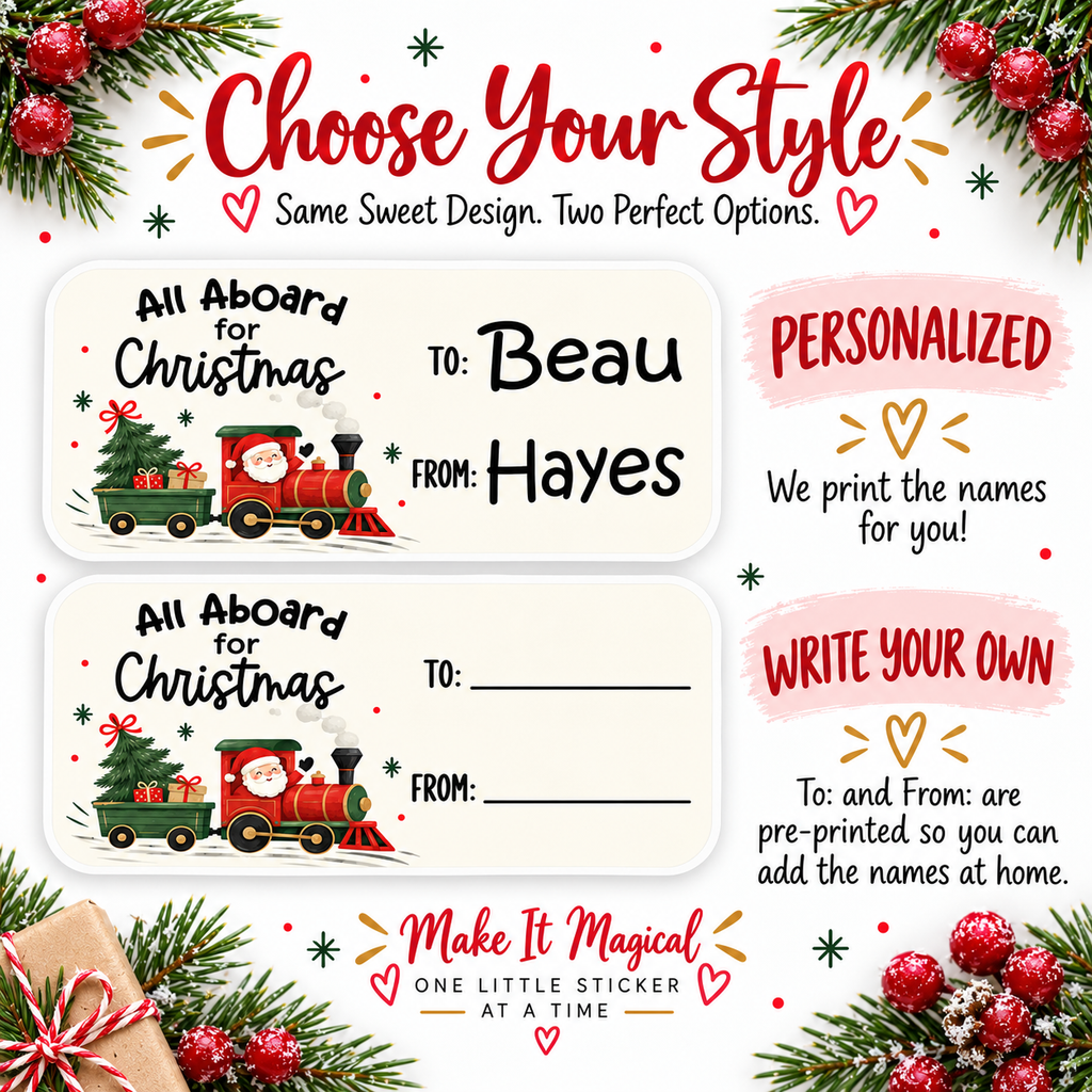 Santa Train Christmas gift label with To and From lines set into a full color holiday design