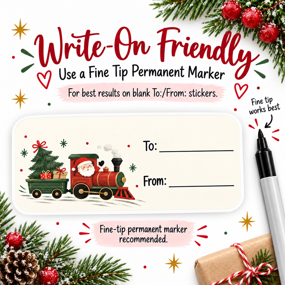 Santa Train Christmas gift tag stickers, 3 by 1.5 inch rounded rectangles UV printed on white vinyl