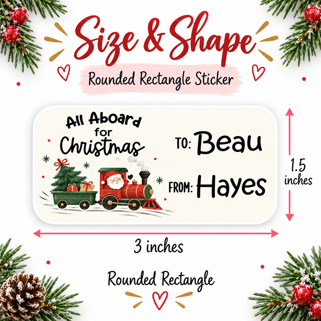 Santa Train holiday gift labels printed with custom recipient and sender names