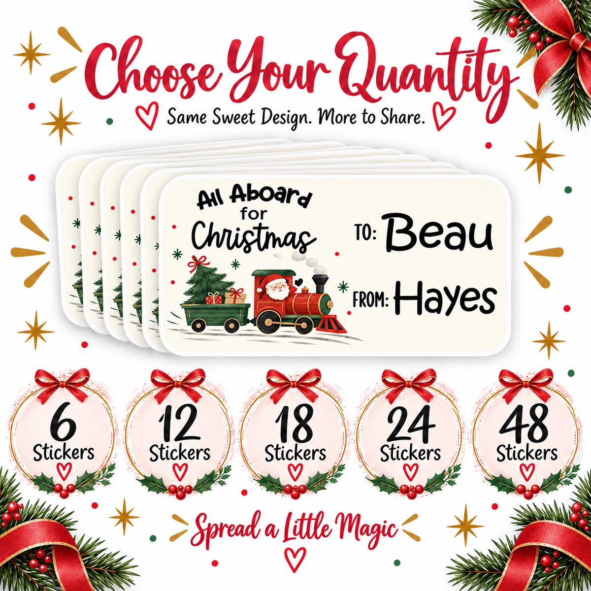 Santa Train Christmas gift tag stickers, available personalized or with blank To and From lines