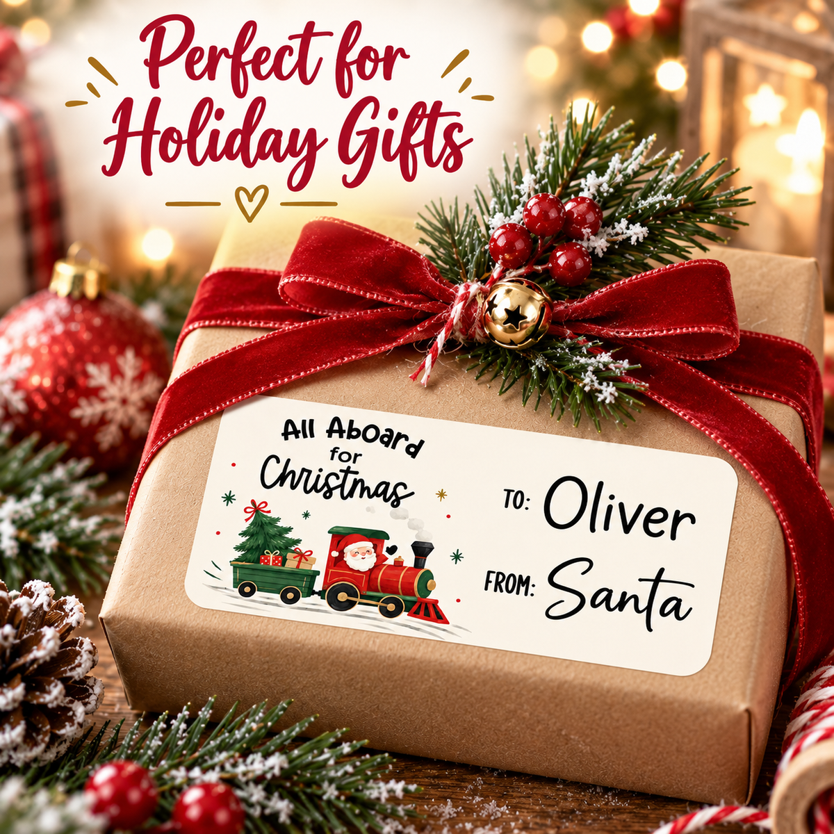 Santa Train gift tag stickers showing the Christmas tree and wrapped gifts in the train design