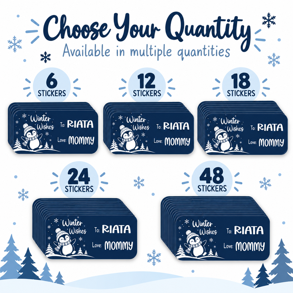 Navy and white penguin Christmas gift tag stickers for stocking stuffers and holiday treat bags