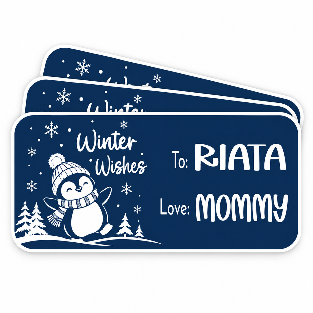 Winter Wishes Penguin gift tag stickers, available personalized or with blank To and From lines
