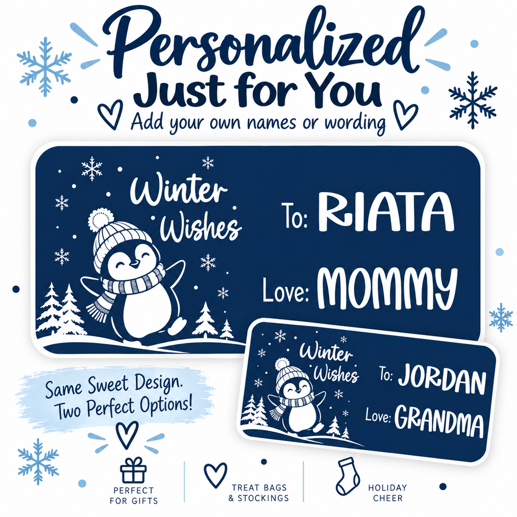 Personalized penguin Christmas gift tag stickers for labeling wrapped presents and gift bags