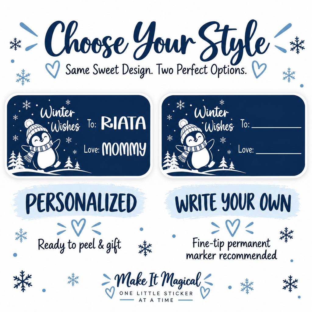 Penguin Christmas gift tag stickers, 3 by 1.5 inch rounded rectangles UV printed on white vinyl