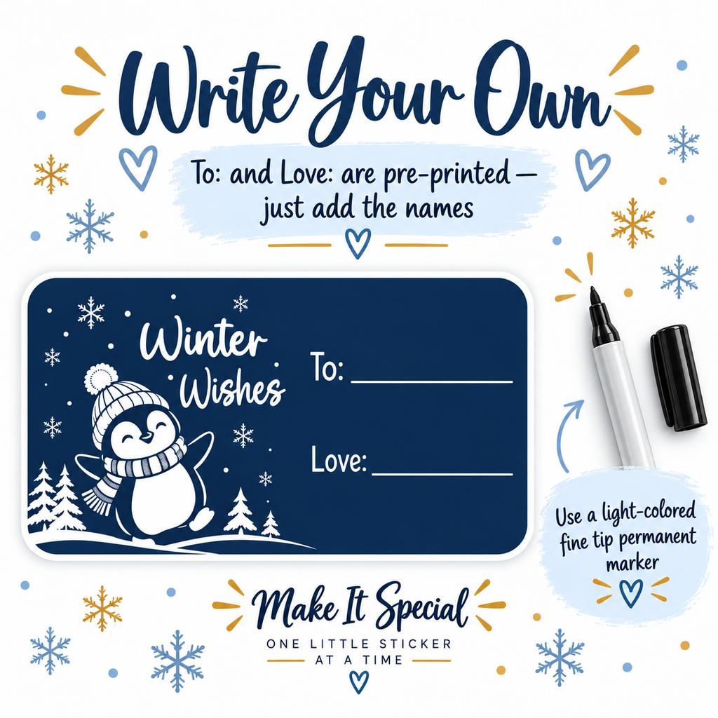 Winter Wishes Penguin holiday gift labels printed with custom recipient and sender names