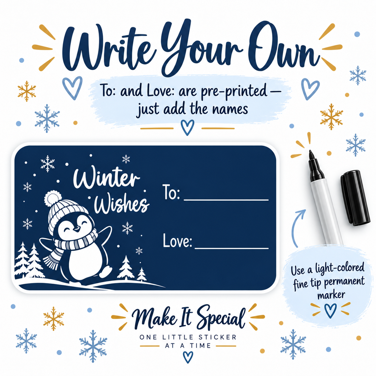 Winter Wishes Penguin holiday gift labels printed with custom recipient and sender names