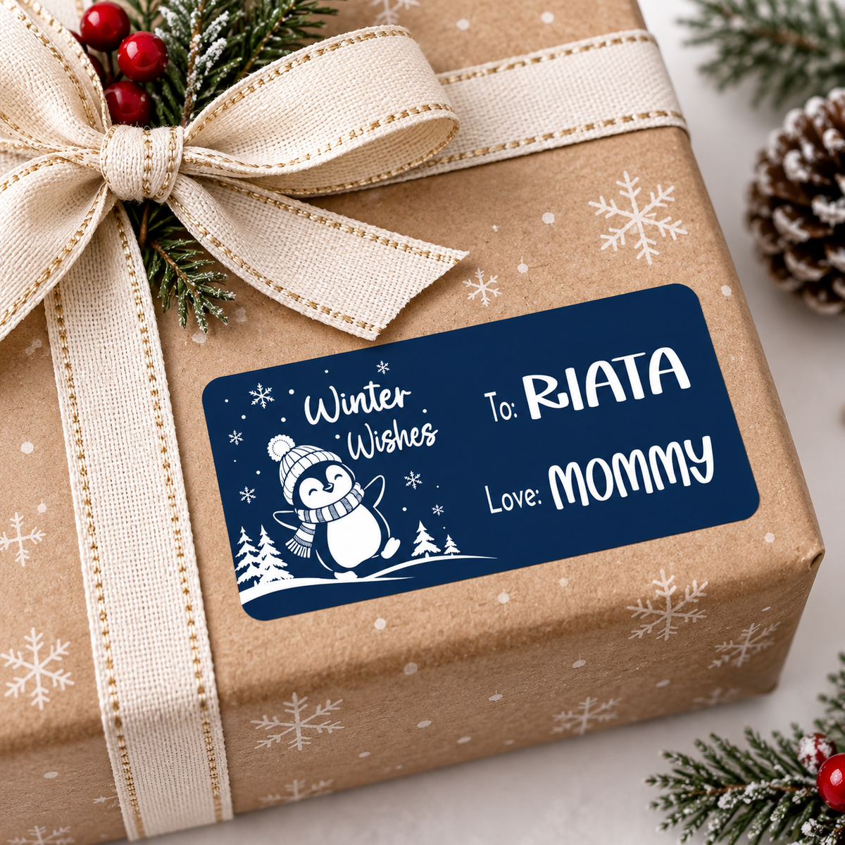 Winter Wishes Penguin personalized Christmas gift tag sticker, a 3 by 1.5 inch rounded rectangle label printed on white vinyl