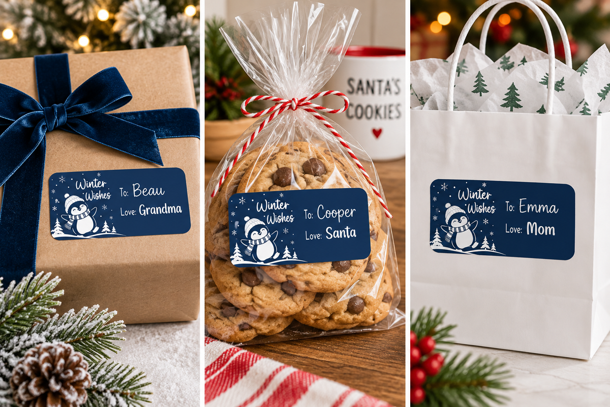 Winter Wishes Penguin Christmas gift label with To and From lines set into a navy winter design