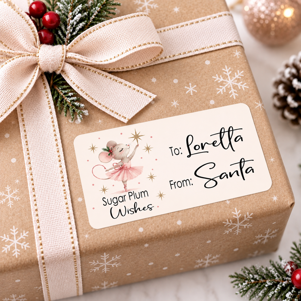 Sugar Plum ballerina mouse personalized Christmas gift tag sticker, a 3 by 1.5 inch rounded rectangle label printed on white vinyl