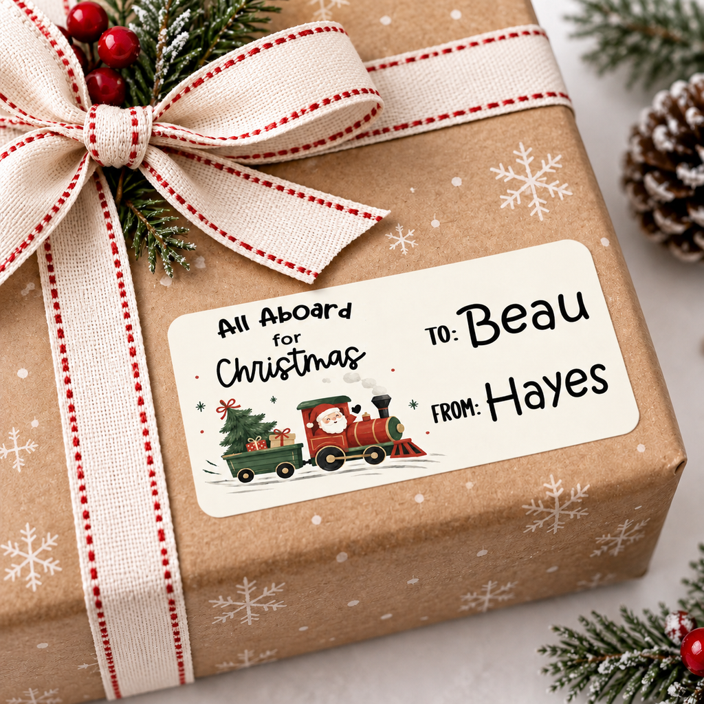Santa Train personalized Christmas gift tag sticker, a 3 by 1.5 inch rounded rectangle label printed on white vinyl