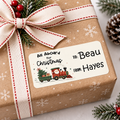 Santa Train personalized Christmas gift tag sticker, a 3 by 1.5 inch rounded rectangle label printed on white vinyl
