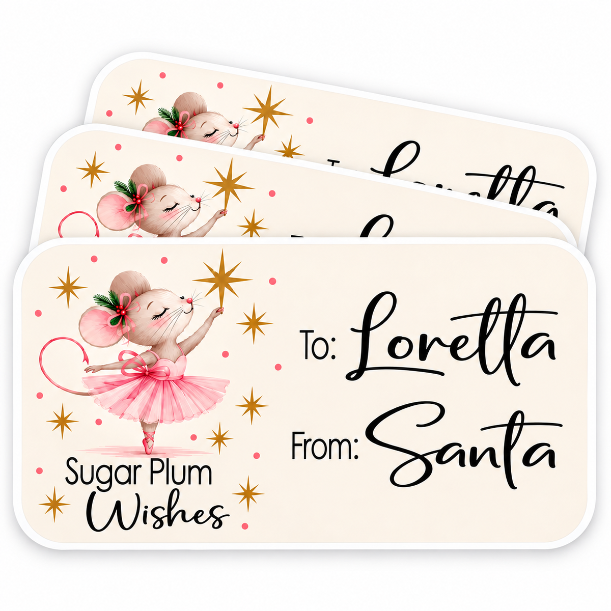 Sugar Plum gift tag stickers featuring a ballerina mouse in a Nutcracker inspired holiday design