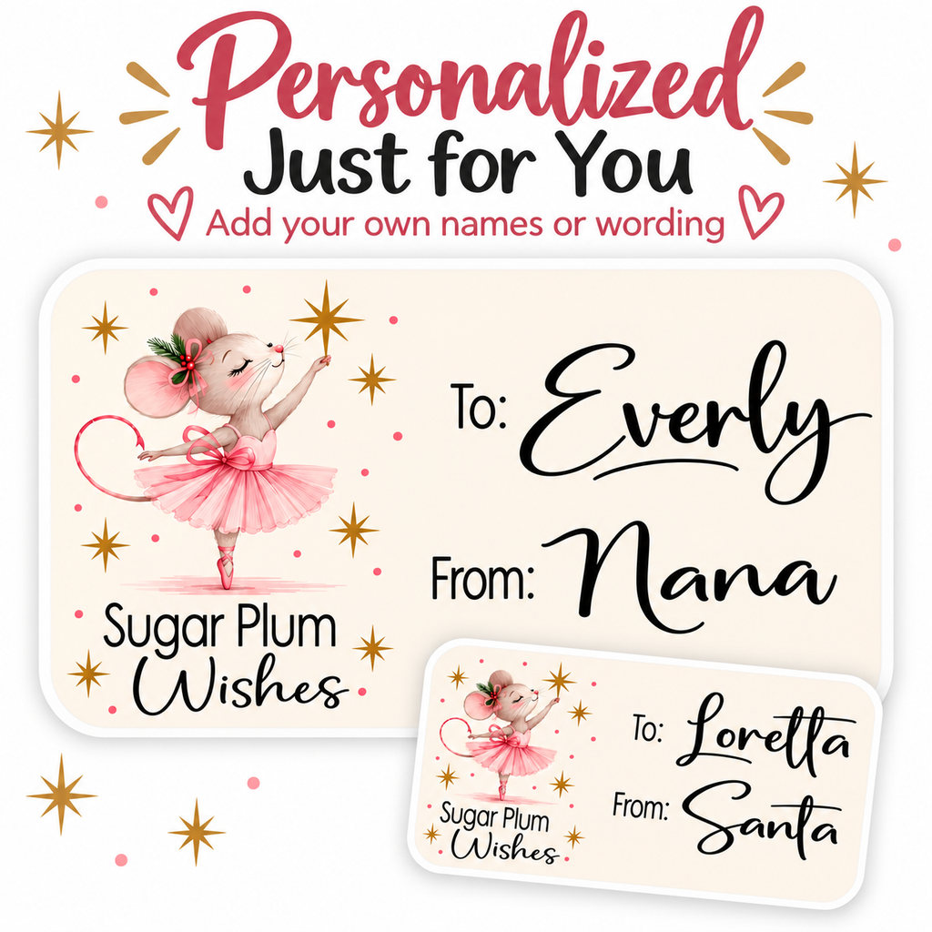 Sugar Plum ballerina mouse gift tag stickers, available personalized or with blank To and From lines