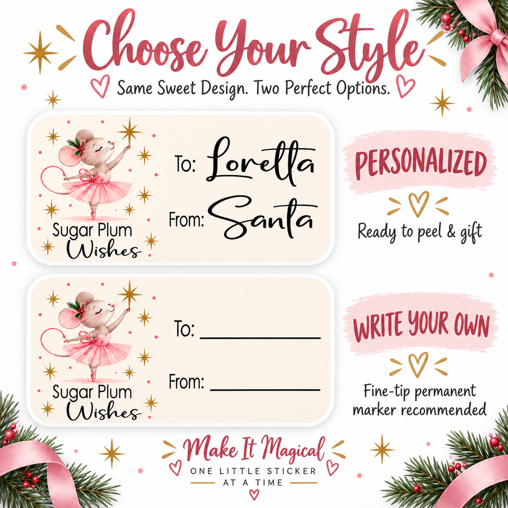 Sugar Plum ballerina mouse gift tag stickers, 3 by 1.5 inch rounded rectangles UV printed on white vinyl