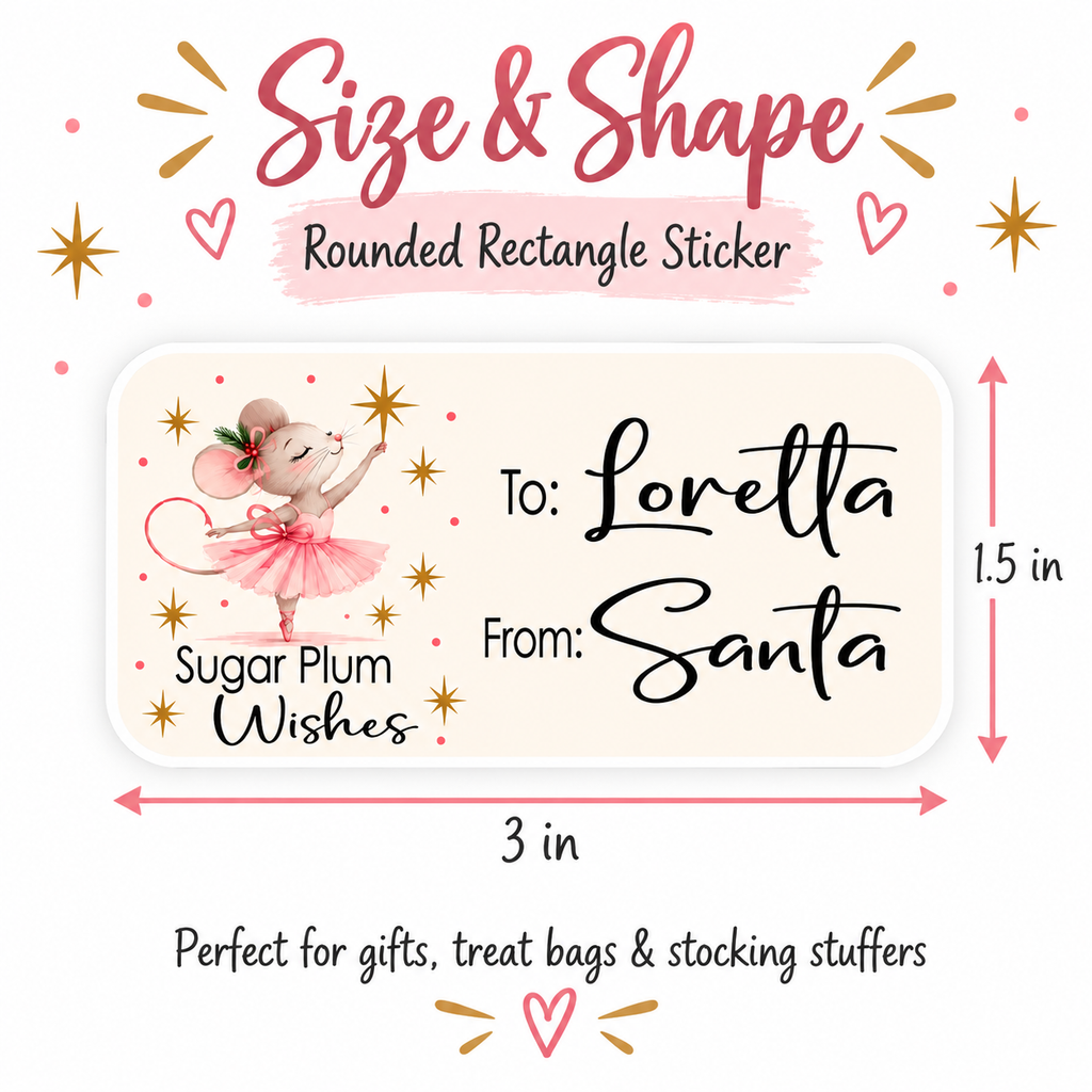 Sugar Plum ballerina mouse holiday gift labels printed with custom recipient and sender names