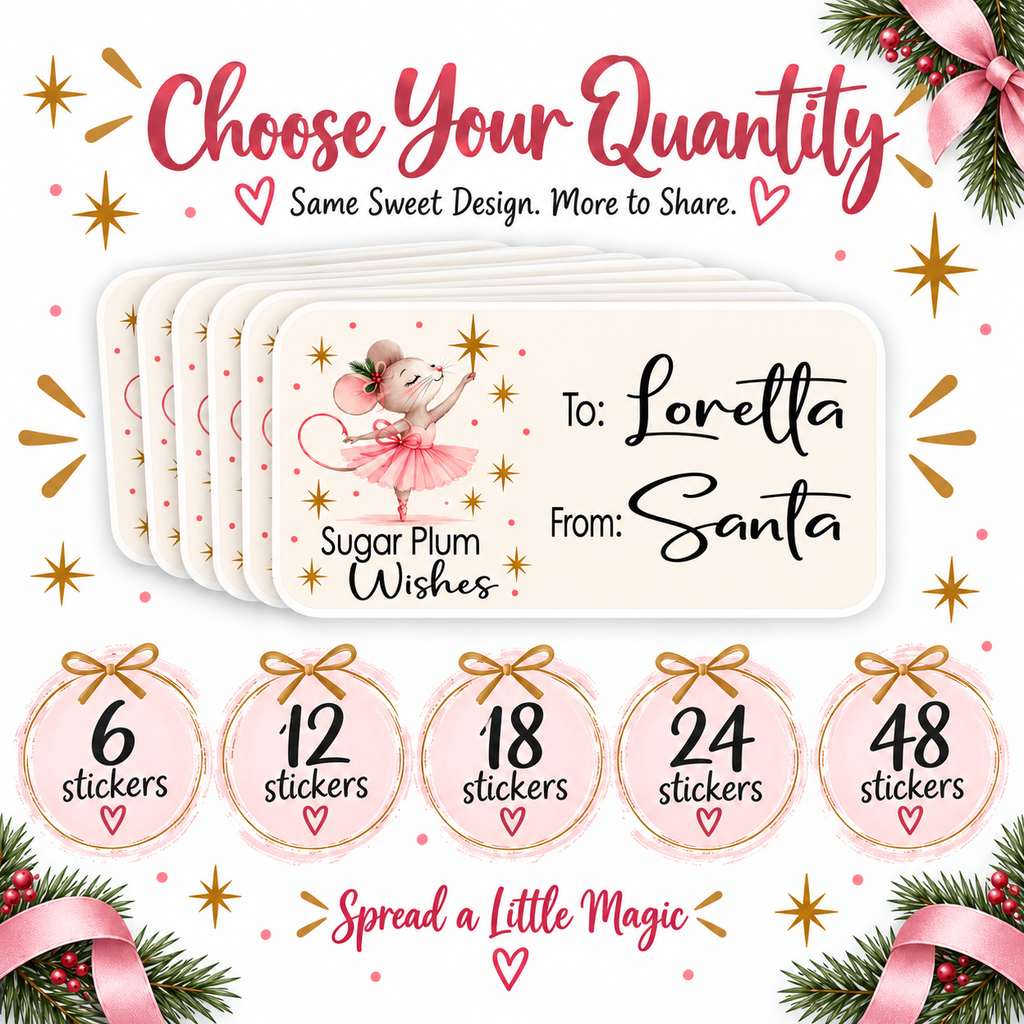 Blush pink ballerina mouse Christmas gift tag stickers for stocking stuffers and treat bags