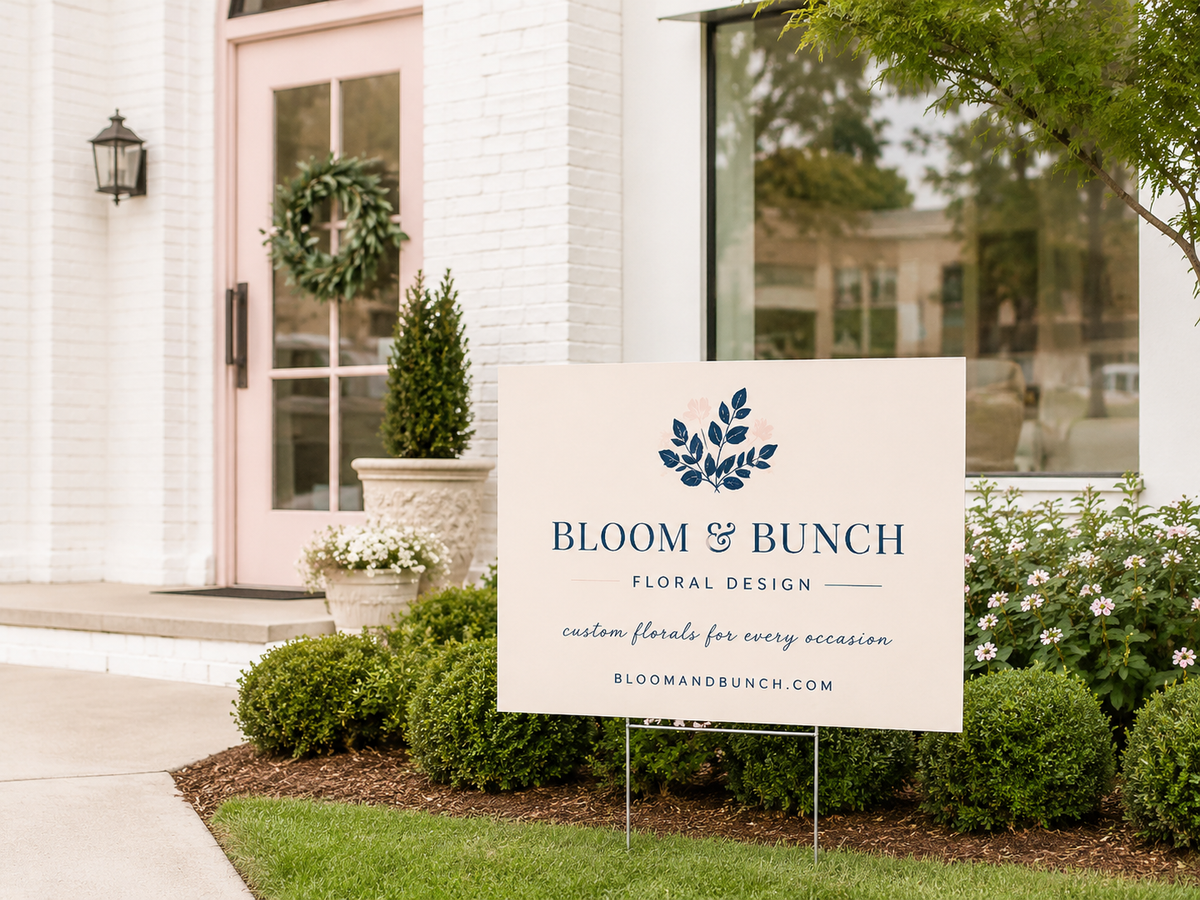 Custom business yard signs printed with a company logo — shop yard signs