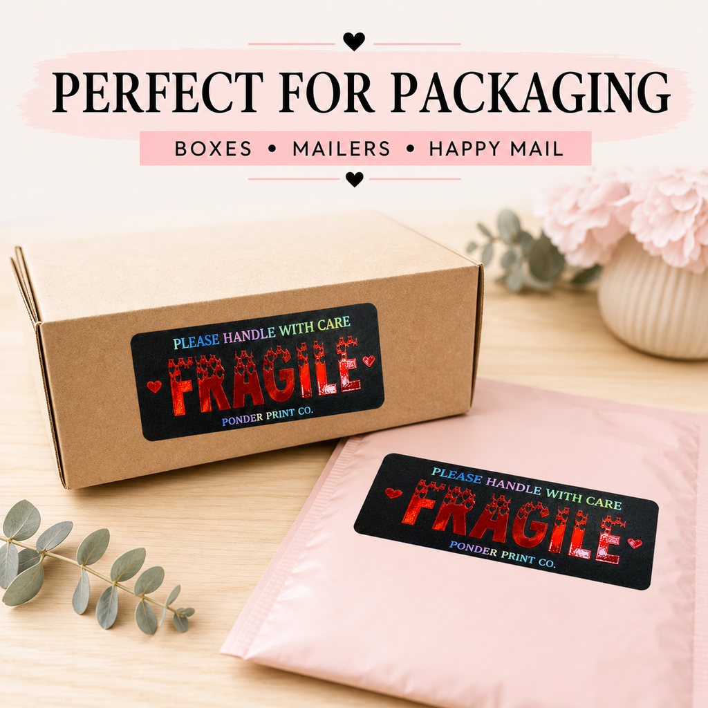 A kraft cardboard box and a light pink mailer envelope, both with matching black 'FRAGILE' labels, arranged on a light wood surface with decorative flowers and eucalyptus stems. Text at the top reads 'PERFECT FOR PACKAGING' and 'BOXES • MAILERS • HAPPY MAIL'.