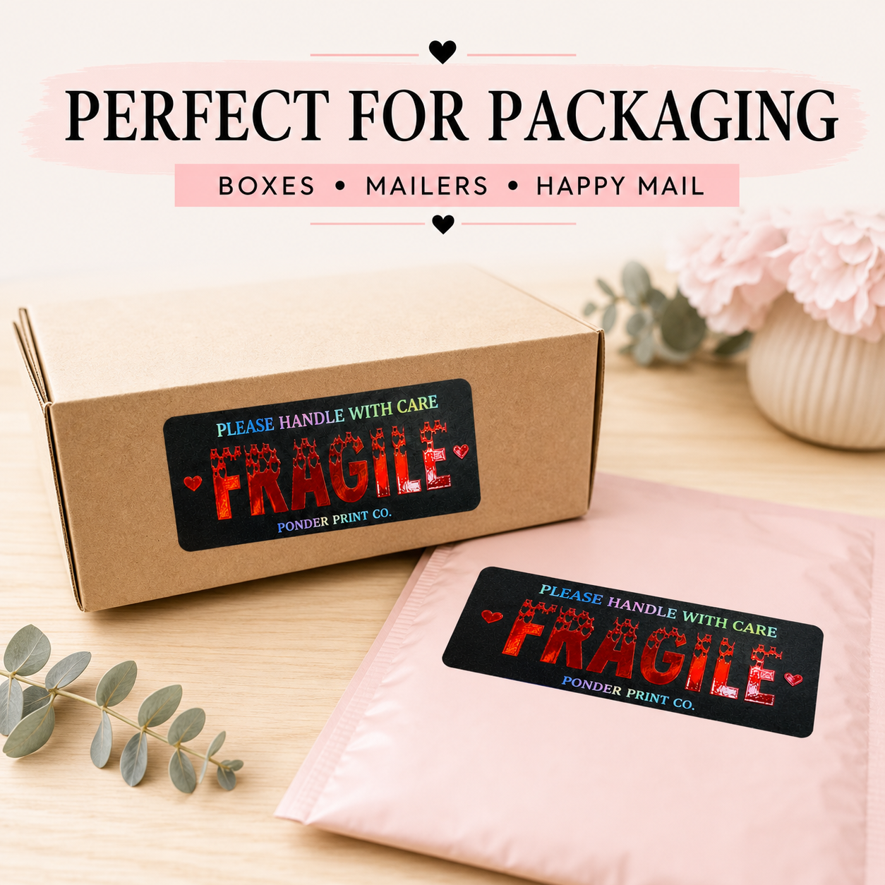 A kraft cardboard box and a light pink mailer envelope, both with matching black 'FRAGILE' labels, arranged on a light wood surface with decorative flowers and eucalyptus stems. Text at the top reads 'PERFECT FOR PACKAGING' and 'BOXES • MAILERS • HAPPY MAIL'.