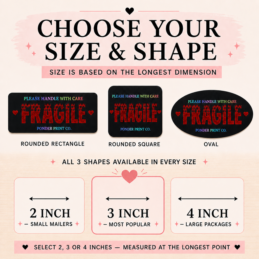 A size and shape selection chart for fragile shipping labels from Ponder Print Co., showing three label shapes—rounded rectangle, rounded square, and oval—along with dimensions for 2, 3, and 4 inches on a light pink background.