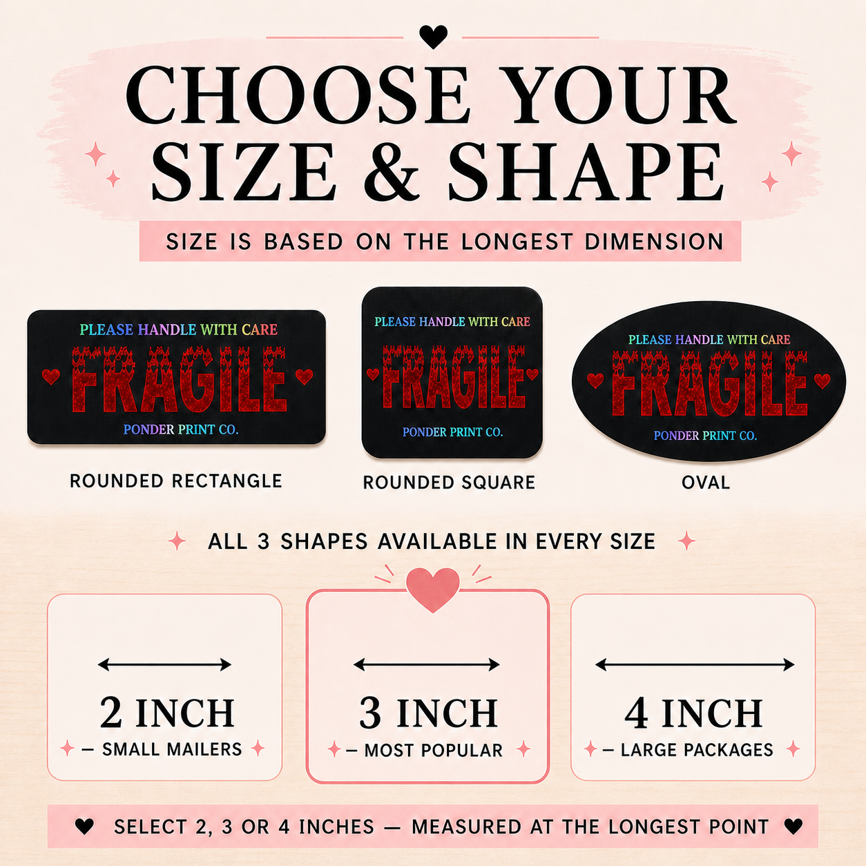 A size and shape selection chart for fragile shipping labels from Ponder Print Co., showing three label shapes—rounded rectangle, rounded square, and oval—along with dimensions for 2, 3, and 4 inches on a light pink background.