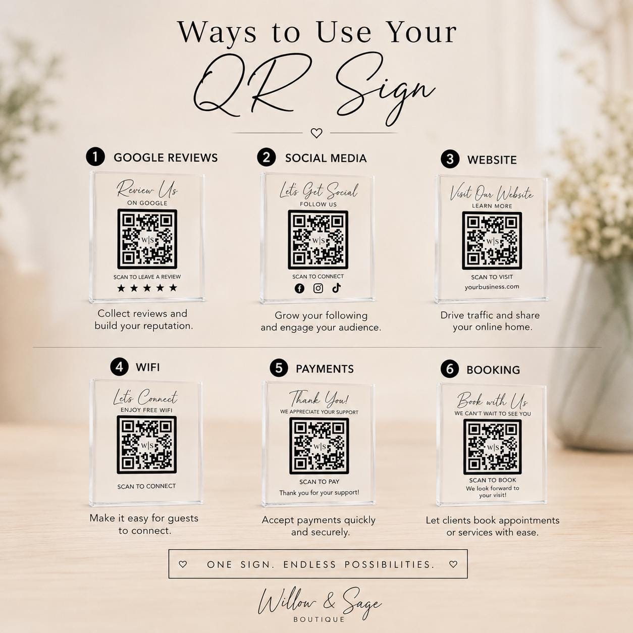 Free-standing acrylic block with logo and QR code