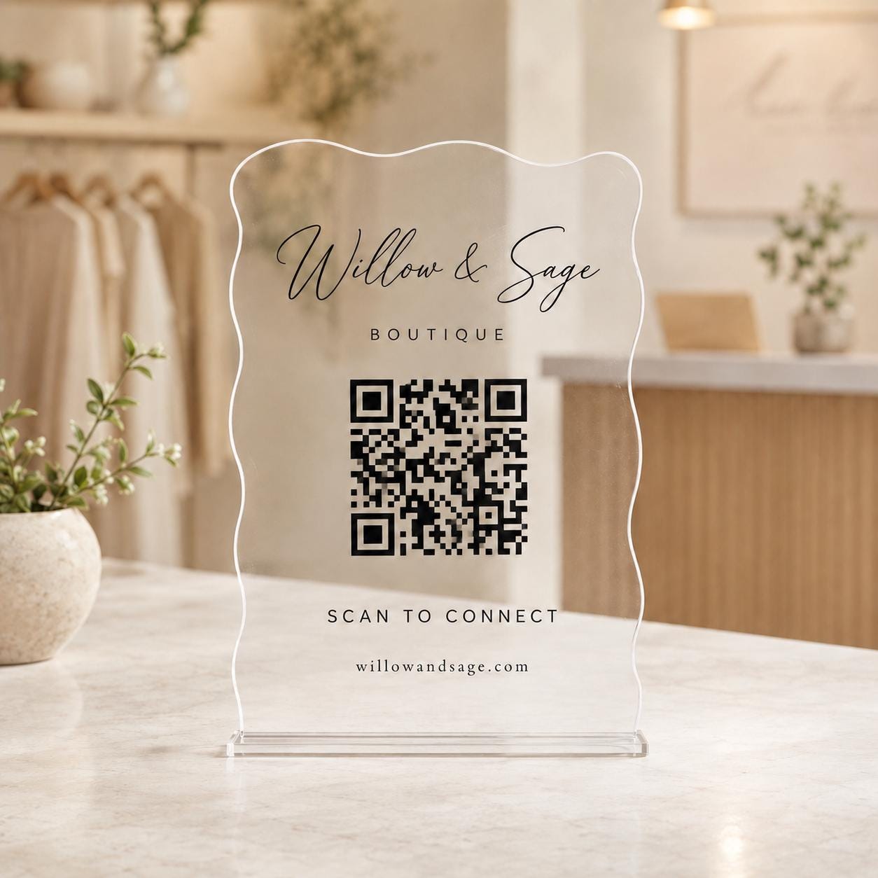 Custom wavy acrylic QR code display with clear base and business logo