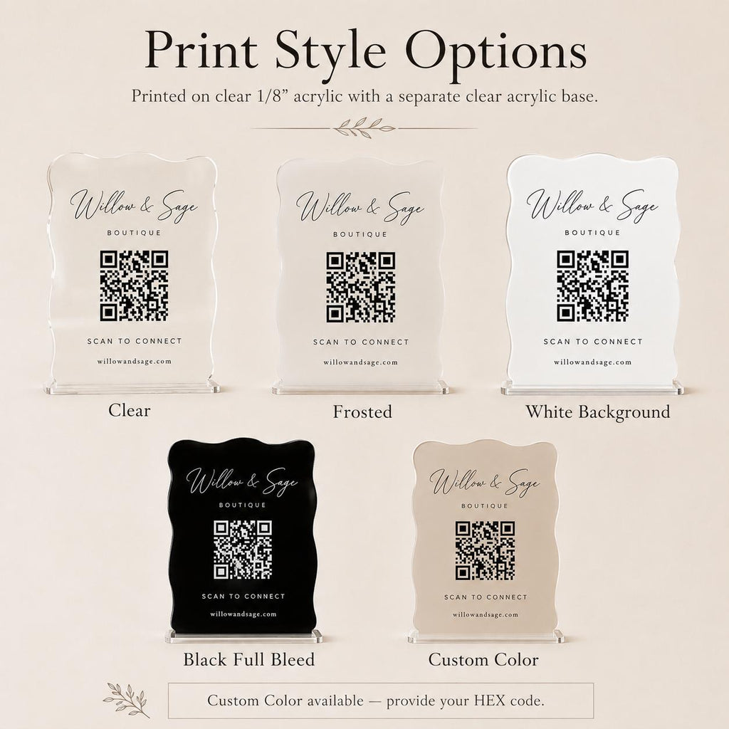 Wavy acrylic sign with logo and QR code in clear base