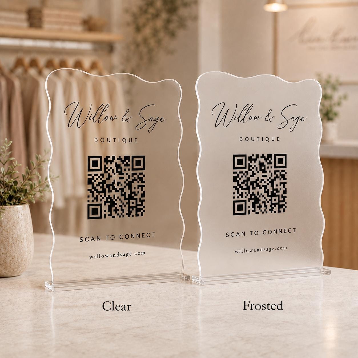 Clear acrylic QR code display with wavy edges for small business