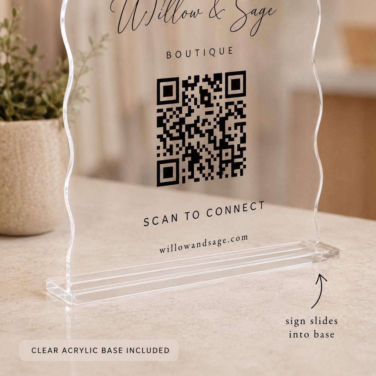 UV printed wavy acrylic QR sign for salon and boutique
